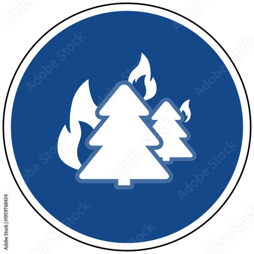 Waldbrand Gefahr Feuer Naturkatastrophe Vektor Illustration Klimawandel Umwelt Wald Hitze Bäume Brandschutz Blaues Schild