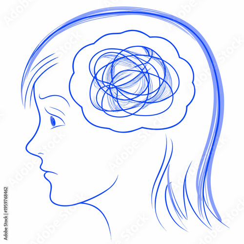A sketch depicting a woman s profile with chaotic thoughts inside her head
