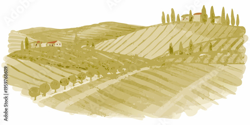 Rolling hills of tuscany with cypress trees and farmhouses illustrated