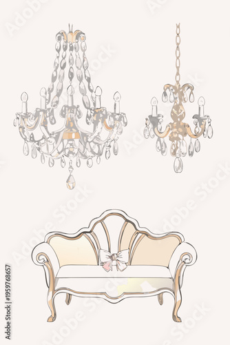 Elegant sketch of a vintage sofa with ornate chandeliers above
