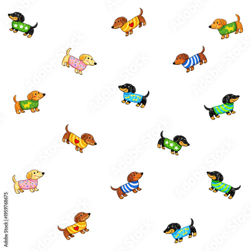 dachshund seamless pattern with cute dog pattern, dachshund dog pattern with dogs in sweaters, cute dog pattern for kids design, seamless dachshund dogs background, dog pattern for fabric, textile