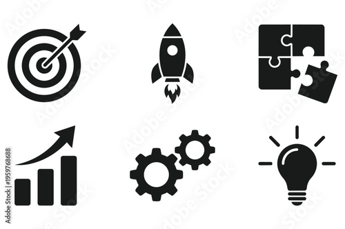 Business startup icons set including target rocket puzzle gear and growth chart vector illustration isolated on white background for success strategy concept