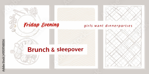 A collection of three rectangular panels with sketched illustrations and text