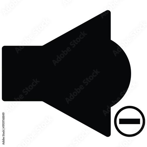 Black speaker icon with minus sign button isolated on white background symbol for volume decrease audio reduction and multimedia playback settings.