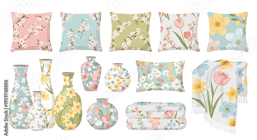 A collection of floral patterned home decor items including pillows, vases, and a throw blanket in pastel colors.