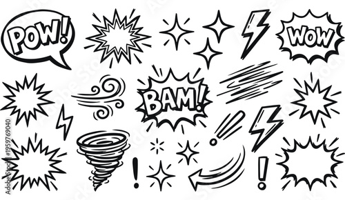 Comic action doodle set with pow bam wow explosion symbols vector illustration isolated on white background