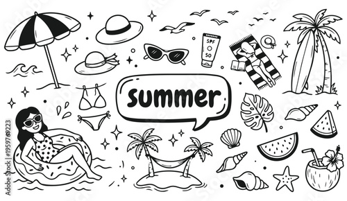 Summer beach doodle illustration set vacation travel elements