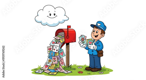 A cheerful cartoon mailman standing next to a mailbox overflowing with colorful Valentine's Day cards and holding a few in his hands.
