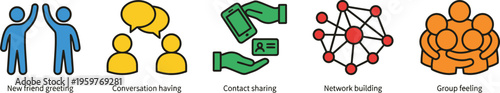 Icons depicting social interactions like greeting, conversation, contact sharing, network building, and group huddle.