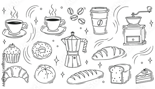 Coffee bakery doodle pattern set cups croissant beans