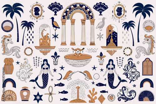 An ornate collection of classical and mythological marine themed illustrations