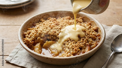 Traditional Apple Crumble with Custard British Dessert
