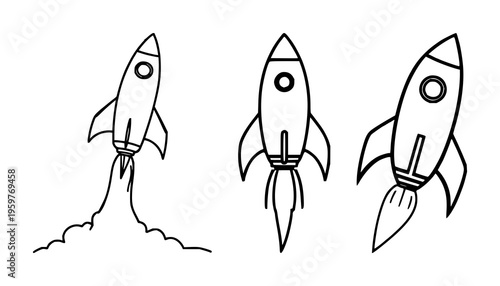 Rocket ship set with dynamic launch trajectory and flame effect featuring rocket, launchpad, propulsion with symbols and icons