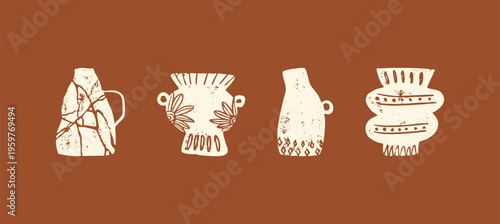 Hand drawn ancient pottery vector illustration set featuring rustic terracotta vases and ceramics. Archaeological artifacts with grainy texture and historical ethnic patterns.