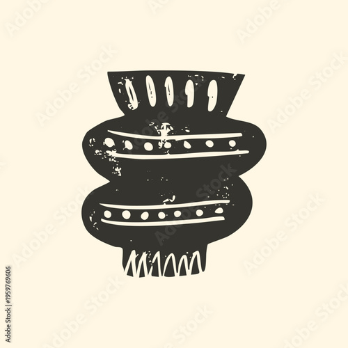 Ancient pottery vase vector illustration in rustic block print style. Hand drawn archaeological ceramic vessel with grainy texture and historical folk art patterns.