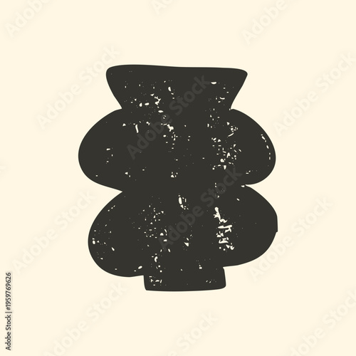Ancient pottery vase silhouette vector illustration in rustic block print style. Hand drawn archaeological ceramic vessel with heavy grainy texture and minimalist primitive folk art design.