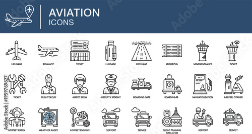 Large collection of aviation and airport line icons set featuring airplane flight travel ticket luggage runway control tower pilot maintenance and airline ground service vector symbols.