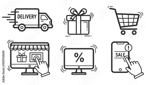 Ecommerce delivery and shopping icon set with truck gift cart and discount elements detailed professional vector illustration clean modern line art style suitable for branding packaging web design soc