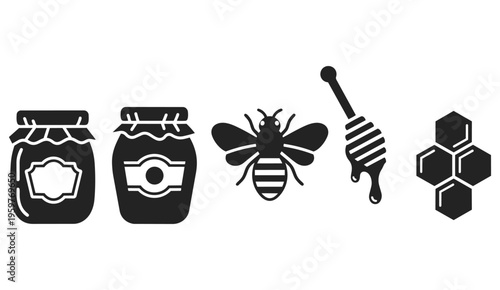Honey product icon set with jar bee dipper and honeycomb natural elements detailed professional vector illustration clean modern line art style suitable for branding packaging web design social media 