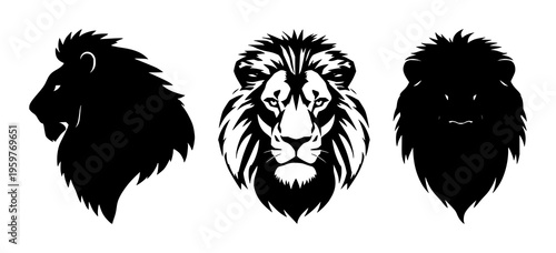 Lion head silhouette set with bold black silhouette shape featuring animal, wildlife, majestic with iconography and design