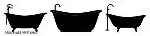 Bathing tub silhouette set with simple black and white outline design featuring bathing tub, spa, relaxation with interior design and wellness