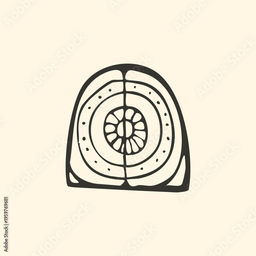 Hand drawn abstract mystical symbol vector illustration. Minimalist black ink esoteric artifact stamp with rustic block print texture and primitive folk art design.