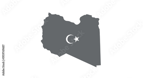 A black silhouette of libya with a white crescent and star symbol displayed prominently high quality