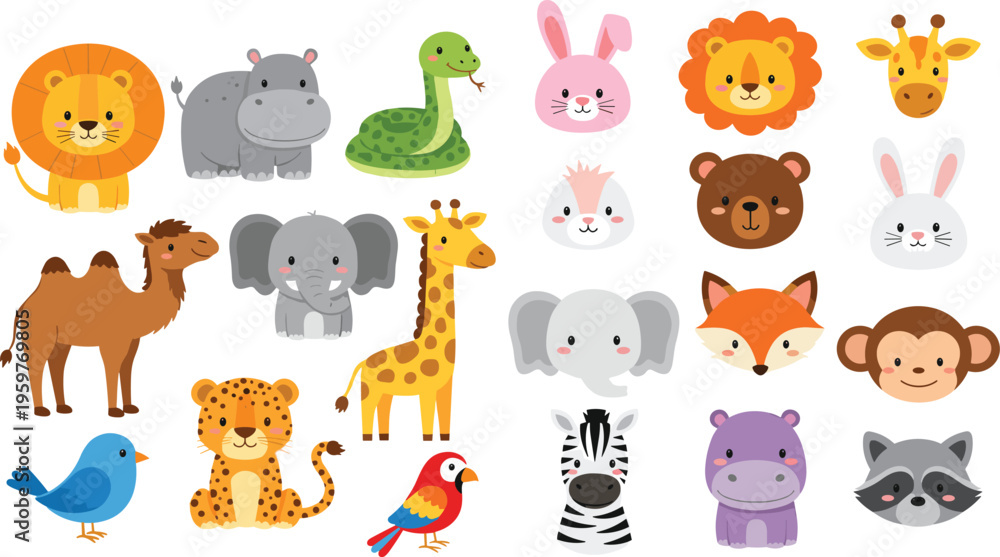 Obraz premium Cute Cartoon Animal Collection Featuring Lion, Hippo, Snake, Rabbit, Giraffe, Elephant, Monkey, Fox, Zebra, Bird and More for Kids Education Designs.