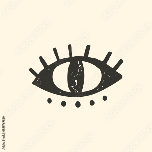 Hand drawn mystical eye vector illustration. Minimalist black ink providence eye stamp with organic woodcut texture and primitive folk art design.