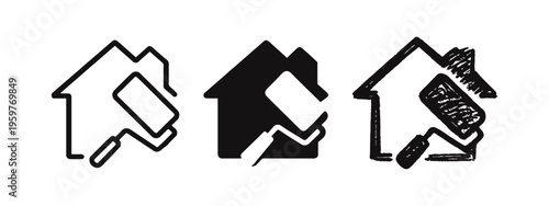 House Painting and Renovation Icons: Home Improvement Symbols with a Paint Roller