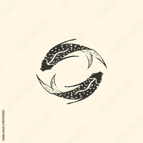 Hand drawn Pisces fish zodiac vector illustration. Rustic black ink celestial stamp with organic woodcut texture and primitive folk art duality design.