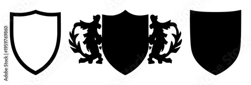 Heraldic shield set with geometric silhouette design featuring shield, heraldry, iconography with line art and minimal style
