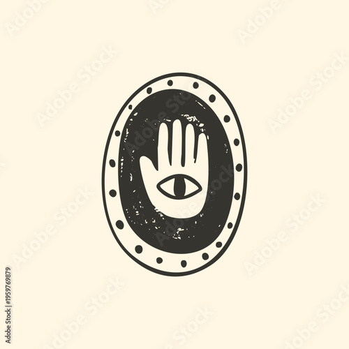 Hand drawn hamsa eye oval frame vector illustration. Rustic black ink protection hand stamp with woodcut texture, dotted border and primitive folk art style.