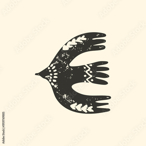 Hand drawn folk art bird vector illustration. Rustic black ink swallow stamp with organic woodcut texture and primitive ethnic pattern wing design.