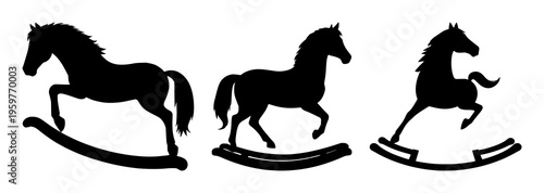 Rocking horse silhouette set with stylized curved body and dynamic motion featuring equestrian, nursery, classic toy with monochrome black and outline