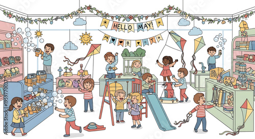 A colorful illustration of children playing and having fun in a decorated store with a 'Hello May' banner.