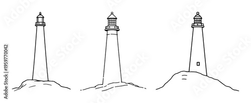 Minimalist line art of a lighthouse beam cutting through fog, coastal decor, simple fluid strokes, isolated on white. set with simple line art design featuring line art, illustrations, graphic reso...