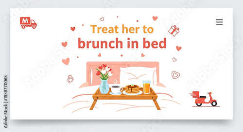 A vector graphic illustration of a romantic brunch in bed delivery service with a tray of food and drinks on a bed surrounded by hearts and gifts