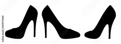 High heel shoe silhouette set with clean angular line art featuring feminine footwear, fashion accessories, shoes with elegance and glamour