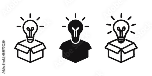 Breakthrough Idea Icons: Light Bulb Emerging from a Box or Head, Symbolizing Innovation and Solutions