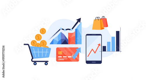 E-commerce & Financial Growth Concept with Mobile Shopping, Data Analytics, and Digital Payments