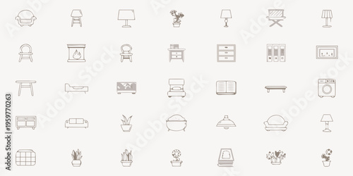Collection of minimalist furniture and home decor line art icons