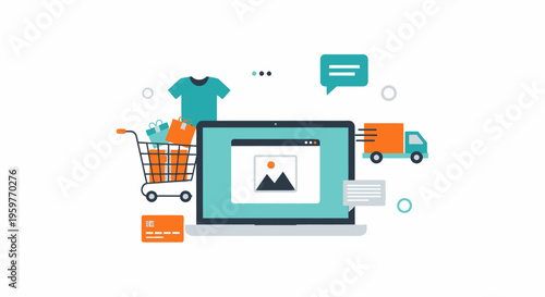 E-commerce & Online Shopping Process Illustration with Delivery, Payment, and Digital Retail Concepts