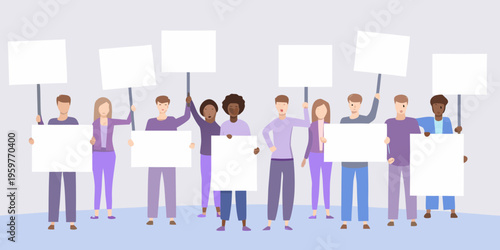 Diverse group of people holding blank signs potentially for a protest