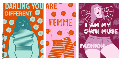 Three vibrant illustrations featuring women and empowering text messages