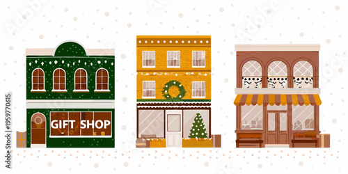 Charming row of colorful buildings decorated for a festive winter holiday