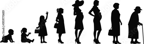 Silhouette of human life stages from baby to elderly person on transparent background