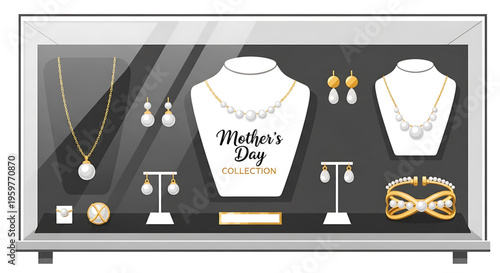 A vector graphic illustration of a jewelry display case for Mother's Day featuring various gold and pearl accessories.