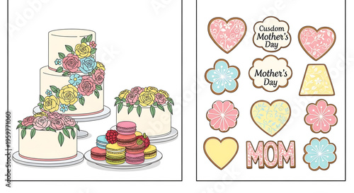 A colorful vector graphic illustration of Mother's Day treats, including decorated cakes and custom cookies.