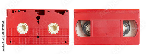 Red VHS cassette front and back isolated on transparent background PNG.